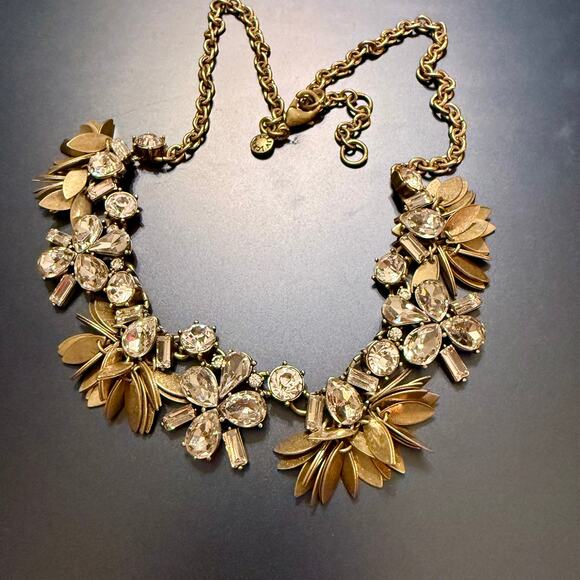 J Crew  Clear Crystal Bouquet Cluster Gold Leaf Necklace - Picture 5 of 8